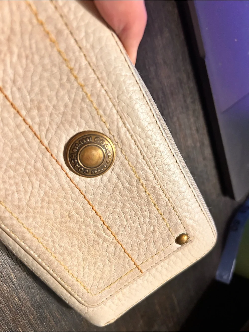 Coach Beige Leather Zip Around Wallet with Brass Hardware